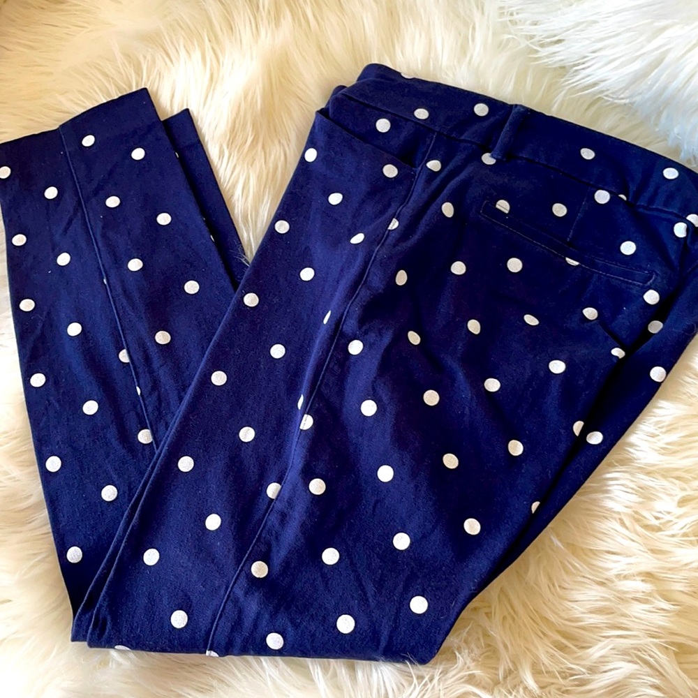 Navy blue and white polka dot ankle pants